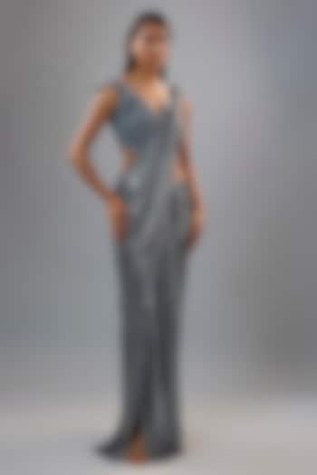 Blue Sequins Jersey Bugle Bead Embroidered Sculpted Bridal Gown Saree by Gaurav Gupta at Pernia's Pop Up Shop