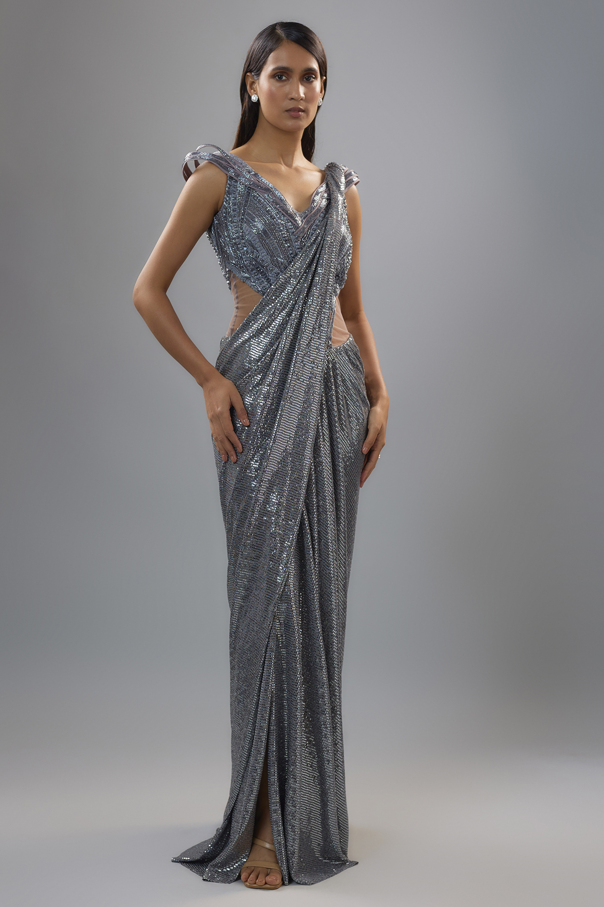 Blue Sequins Jersey Bugle Bead Embroidered Sculpted Bridal Gown Saree by Gaurav Gupta at Pernia's Pop Up Shop