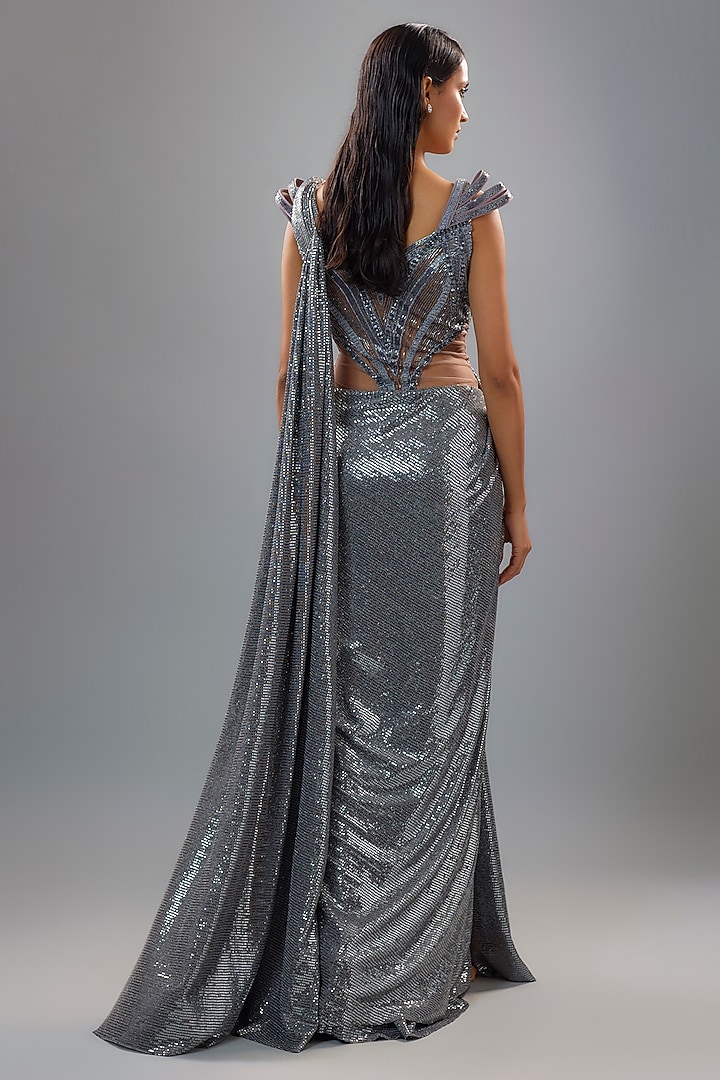 Blue Sequins Jersey Bugle Bead Embroidered Sculpted Bridal Gown Saree by Gaurav Gupta at Pernia's Pop Up Shop