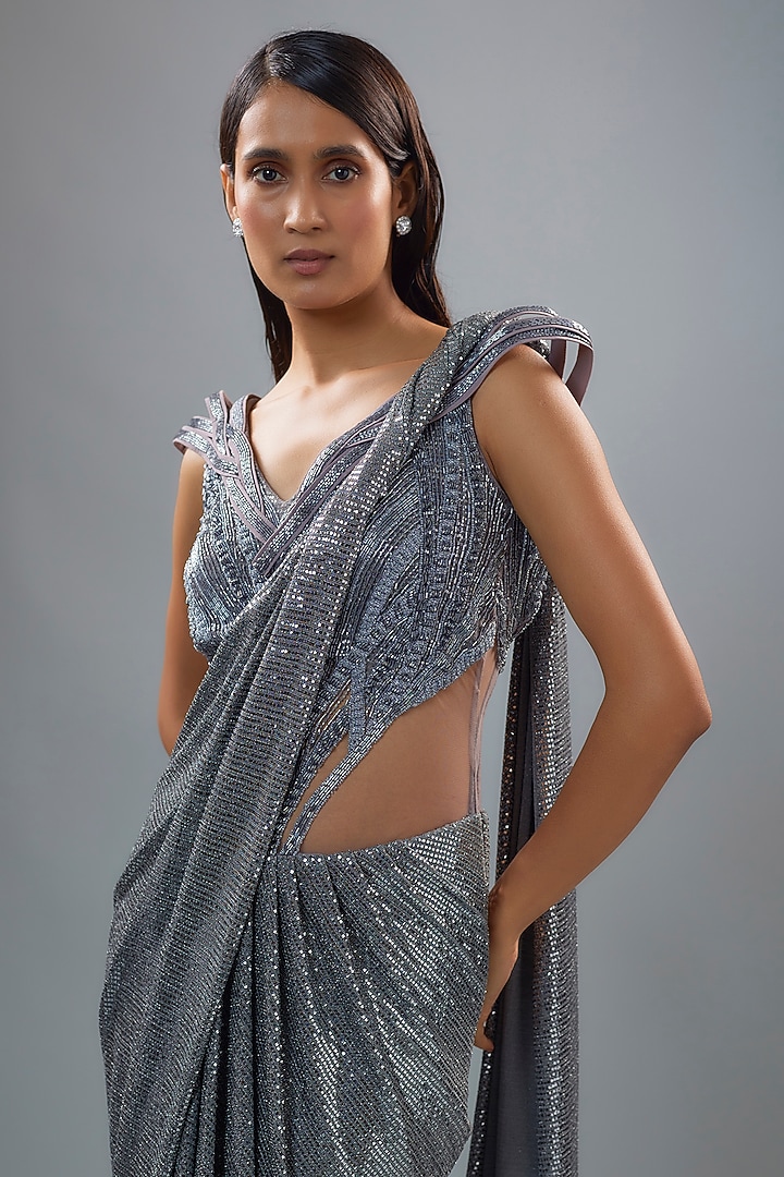 Blue Sequins Jersey Bugle Bead Embroidered Sculpted Bridal Gown Saree by Gaurav Gupta at Pernia's Pop Up Shop