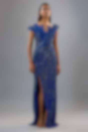 Midnight Sapphire Crepe Embroidered Sculpted Gown by Gaurav Gupta at Pernia's Pop Up Shop