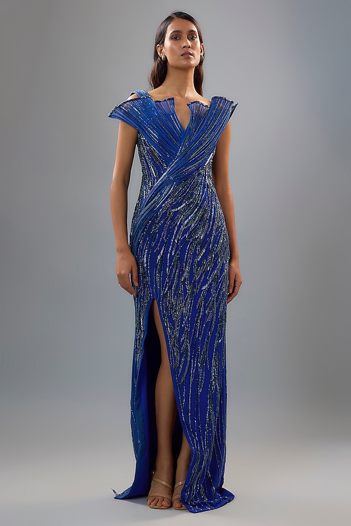 Midnight Sapphire Crepe Embroidered Sculpted Gown by Gaurav Gupta at Pernia's Pop Up Shop