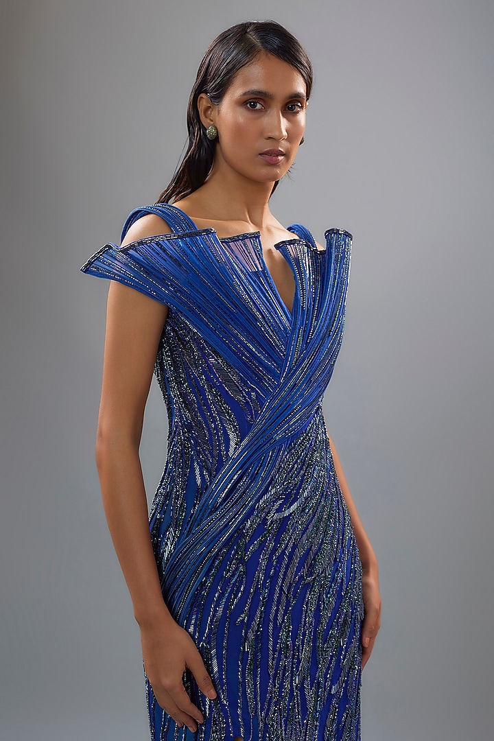 Midnight Sapphire Crepe Embroidered Sculpted Bridal Gown by Gaurav Gupta at Pernia's Pop Up Shop