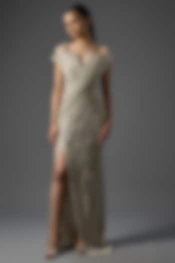 Sage Gold Polyester Crepe Sculpted Bridal Gown by Gaurav Gupta at Pernia's Pop Up Shop