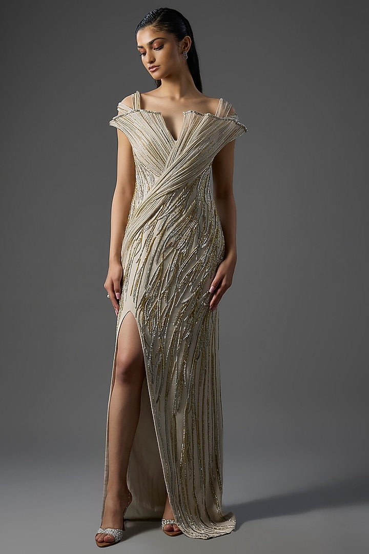 Sage Gold Polyester Crepe Sculpted Bridal Gown by Gaurav Gupta at Pernia's Pop Up Shop