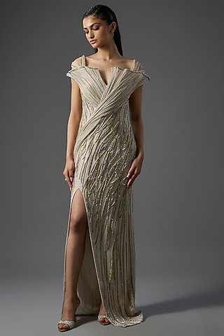 Sage Gold Polyester Crepe Sculpted Gown by Gaurav Gupta