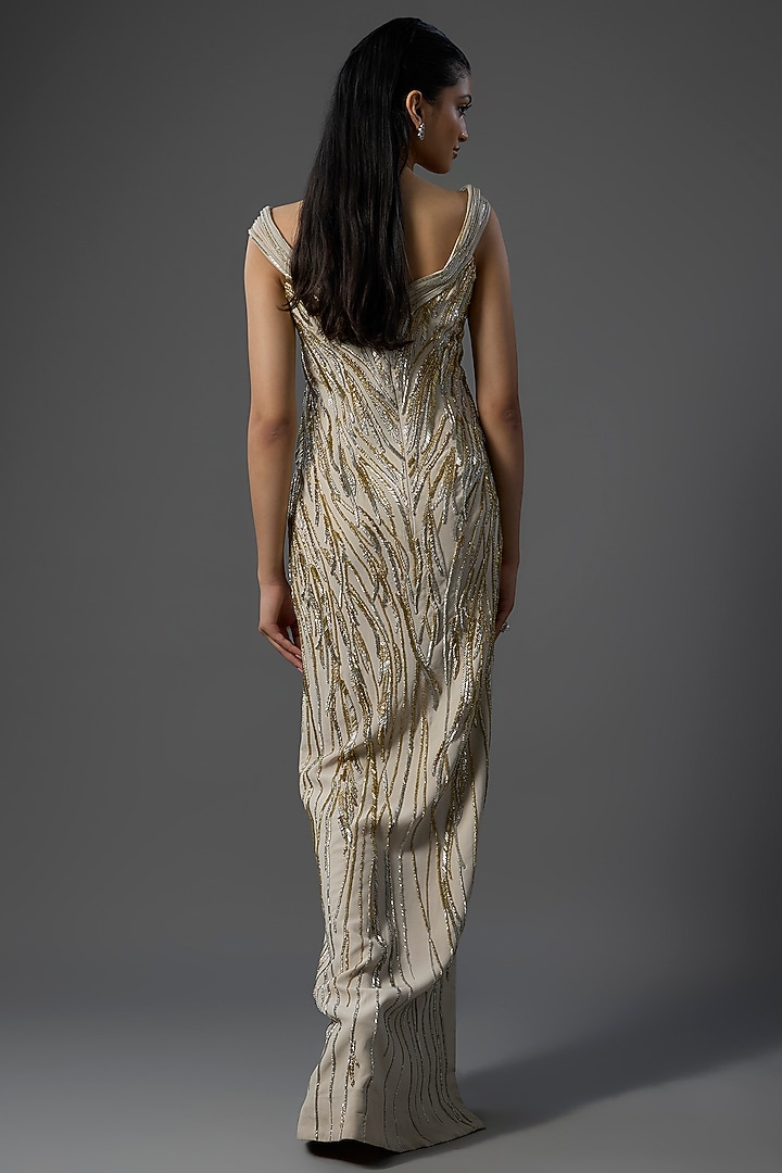 Sage Gold Polyester Crepe Sculpted Bridal Gown by Gaurav Gupta at Pernia's Pop Up Shop