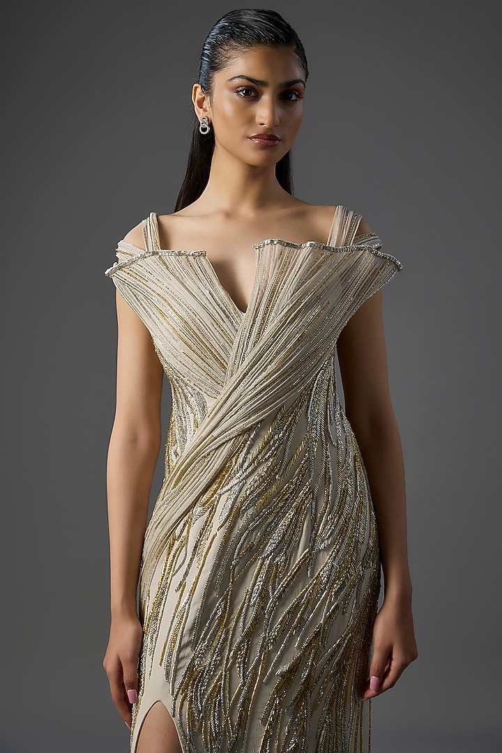 Sage Gold Polyester Crepe Sculpted Bridal Gown by Gaurav Gupta at Pernia's Pop Up Shop