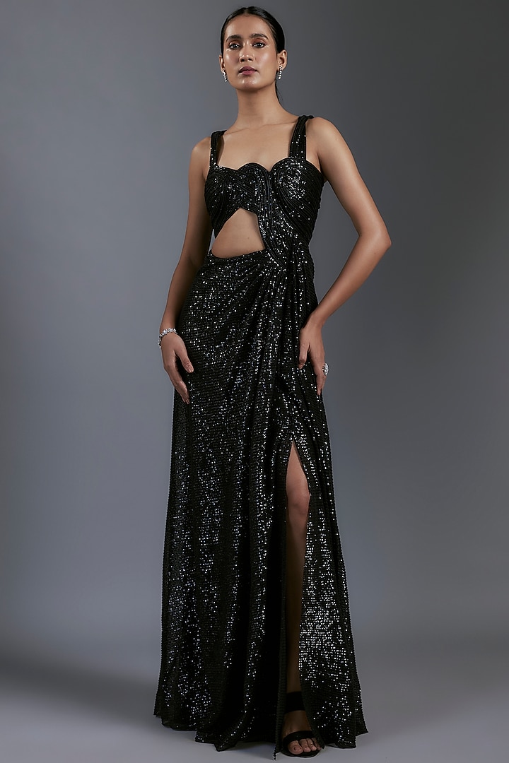 Black Sequins Draped Sculpted Gown by Gaurav Gupta at Pernia's Pop Up Shop