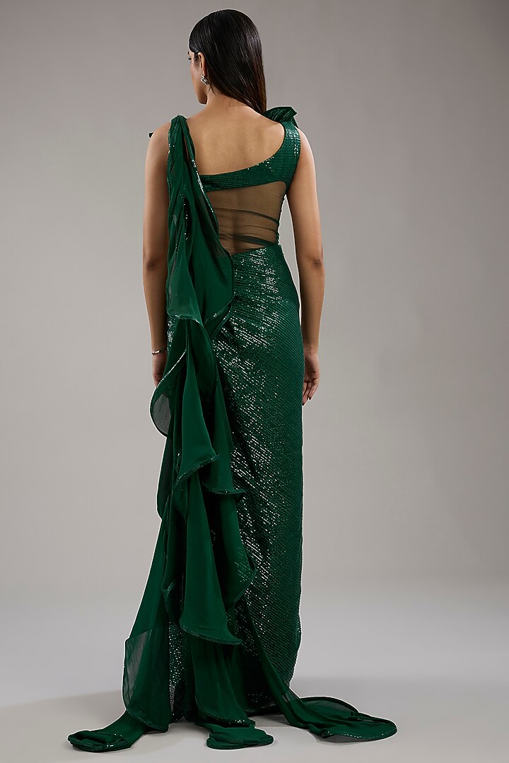 Emerald Green Sequins Bugle Bead Embroidered Bridal Gown Saree by Gaurav Gupta at Pernia's Pop Up Shop