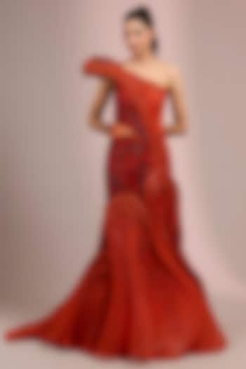 Sunset Orange Polyester Crepe Sculpted Bridal Gown by Gaurav Gupta at Pernia's Pop Up Shop