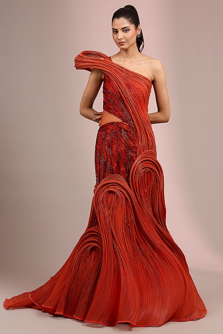 Sunset Orange Polyester Crepe Sculpted Bridal Gown by Gaurav Gupta at Pernia's Pop Up Shop