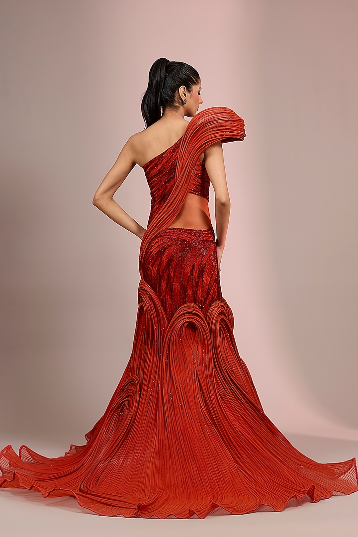 Sunset Orange Polyester Crepe Sculpted Bridal Gown by Gaurav Gupta at Pernia's Pop Up Shop