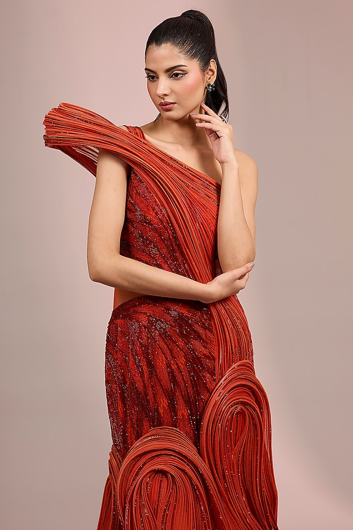 Sunset Orange Polyester Crepe Sculpted Bridal Gown by Gaurav Gupta at Pernia's Pop Up Shop
