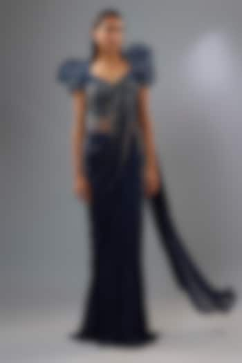 Midnight Blue Georgette Bugle Bead Embroidered Gown Saree by Gaurav Gupta at Pernia's Pop Up Shop