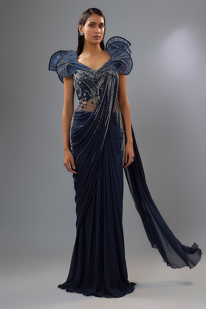 Midnight Blue Georgette Bugle Bead Embroidered Gown Saree by Gaurav Gupta at Pernia's Pop Up Shop