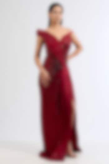 Lava Red Silk Crepe Sculpted Bridal Gown by Gaurav Gupta at Pernia's Pop Up Shop