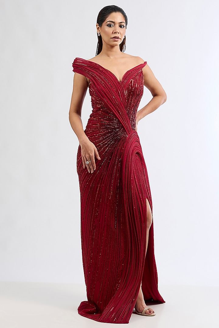 Lava Red Silk Crepe Sculpted Bridal Gown by Gaurav Gupta at Pernia's Pop Up Shop