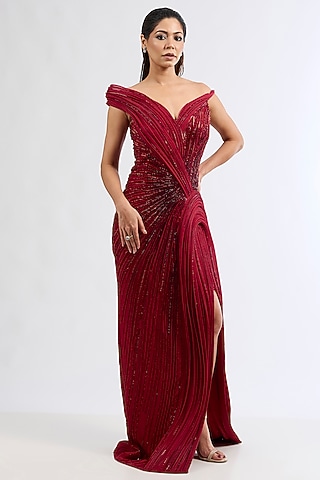Lava Red Silk Crepe Sculpted Gown by Gaurav Gupta