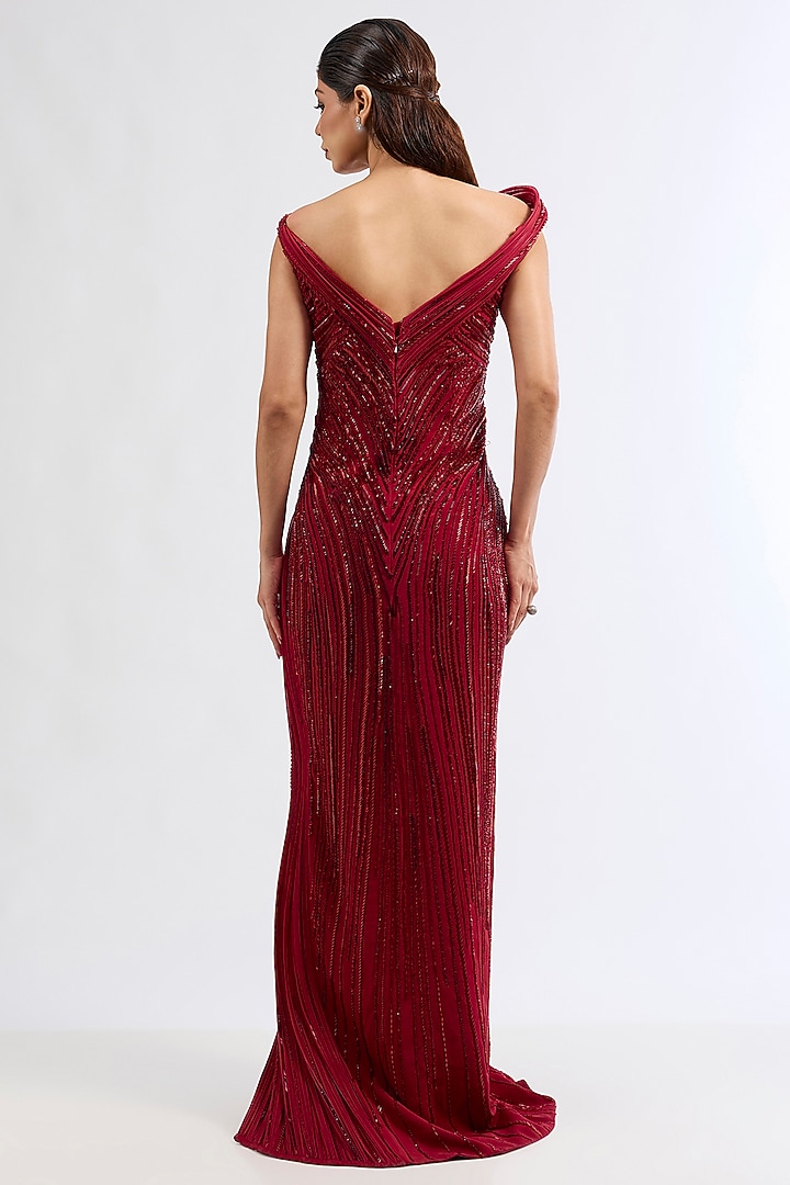 Lava Red Silk Crepe Sculpted Bridal Gown by Gaurav Gupta at Pernia's Pop Up Shop