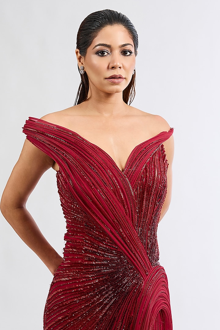 Lava Red Silk Crepe Sculpted Bridal Gown by Gaurav Gupta at Pernia's Pop Up Shop
