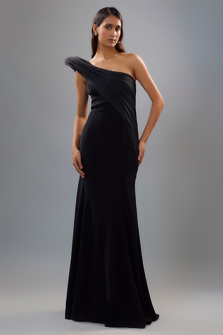 Midnight Blue Banana Crepe One-Shoulder Gown by Gaurav Gupta at Pernia's Pop Up Shop