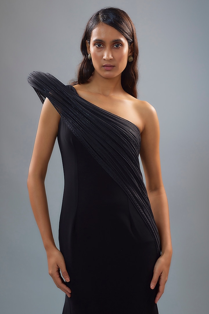 Midnight Blue Banana Crepe One-Shoulder Bridal Gown by Gaurav Gupta at Pernia's Pop Up Shop