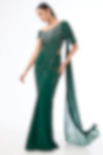 Emerald Green Georgette Bugle Bead Embroidered Gown Saree by Gaurav Gupta