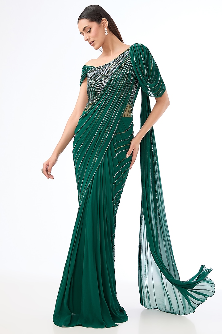 Emerald Green Georgette Bugle Bead Embroidered Gown Saree by Gaurav Gupta