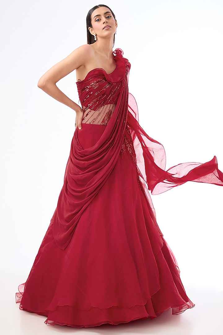 Lava Red Organza Bugle Bead Embroidered Lehenga Saree by Gaurav Gupta