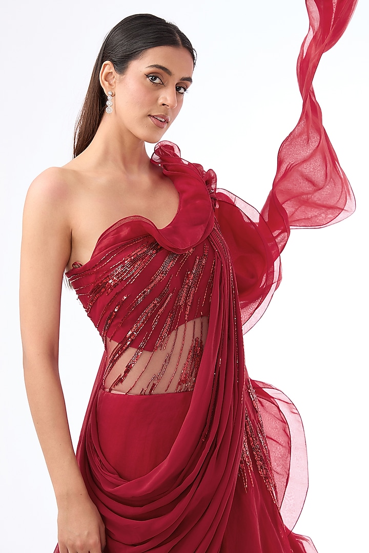 Lava Red Organza Bugle Bead Embroidered Bridal Lehenga Saree by Gaurav Gupta at Pernia's Pop Up Shop
