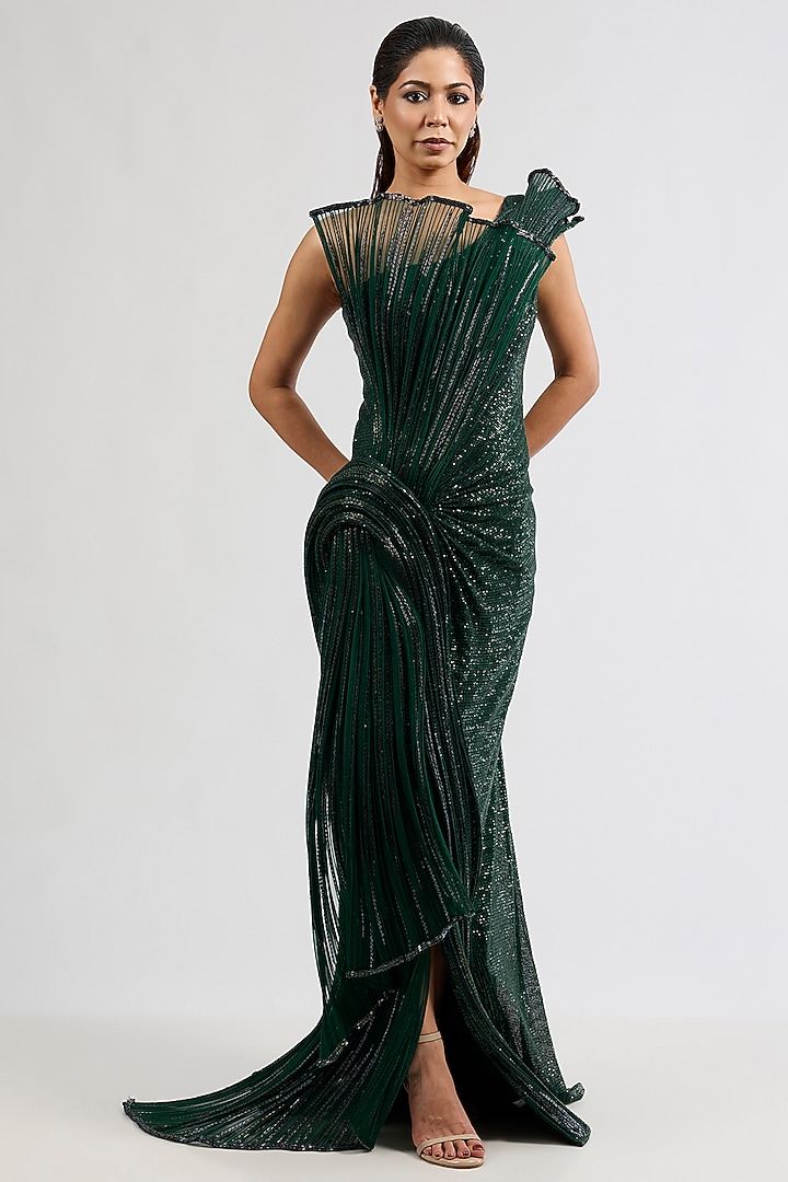 Emerald Green Polyester Sequins Sculpted Bridal Gown by Gaurav Gupta at Pernia's Pop Up Shop