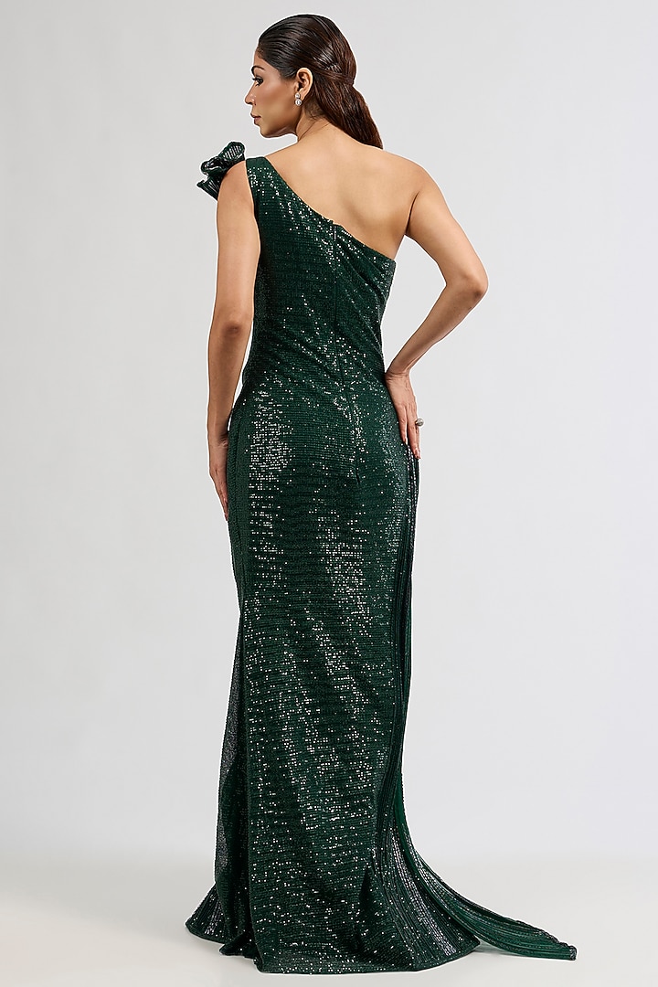 Emerald Green Polyester Sequins Sculpted Bridal Gown by Gaurav Gupta at Pernia's Pop Up Shop