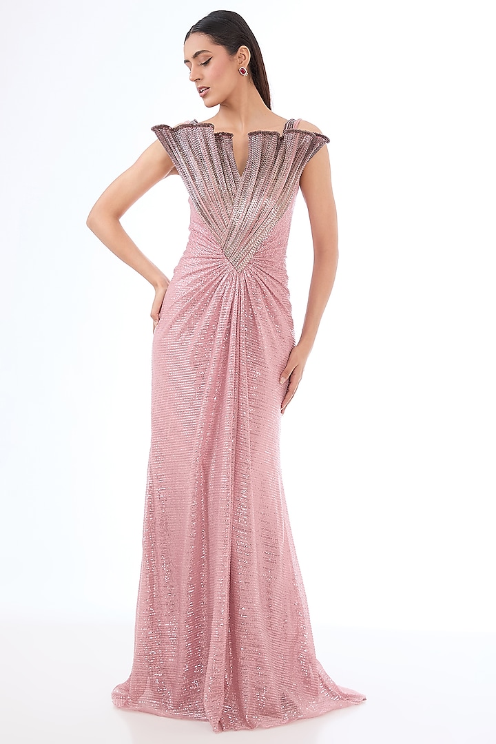 Rose Bud Pink Sequins Bugle Bead Embroidered Gown by Gaurav Gupta