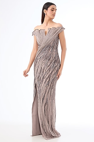Dark Lavender Crepe Bugle Bead Embroidered Gown by Gaurav Gupta
