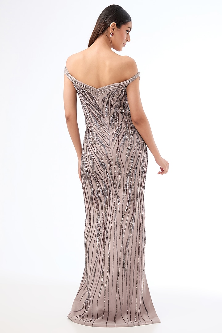 Dark Lavender Crepe Bugle Bead Embroidered Bridal Gown by Gaurav Gupta at Pernia's Pop Up Shop