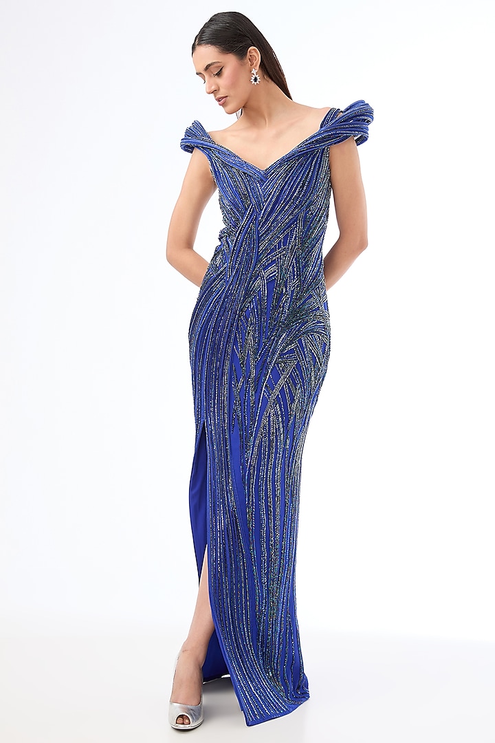 Electric Blue Crepe Bugle Bead Embroidered Gown by Gaurav Gupta