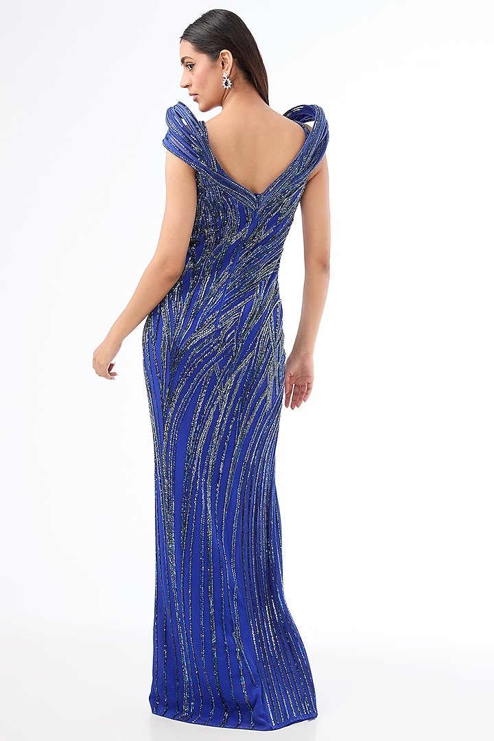 Electric Blue Crepe Bugle Bead Embroidered Bridal Gown by Gaurav Gupta at Pernia's Pop Up Shop