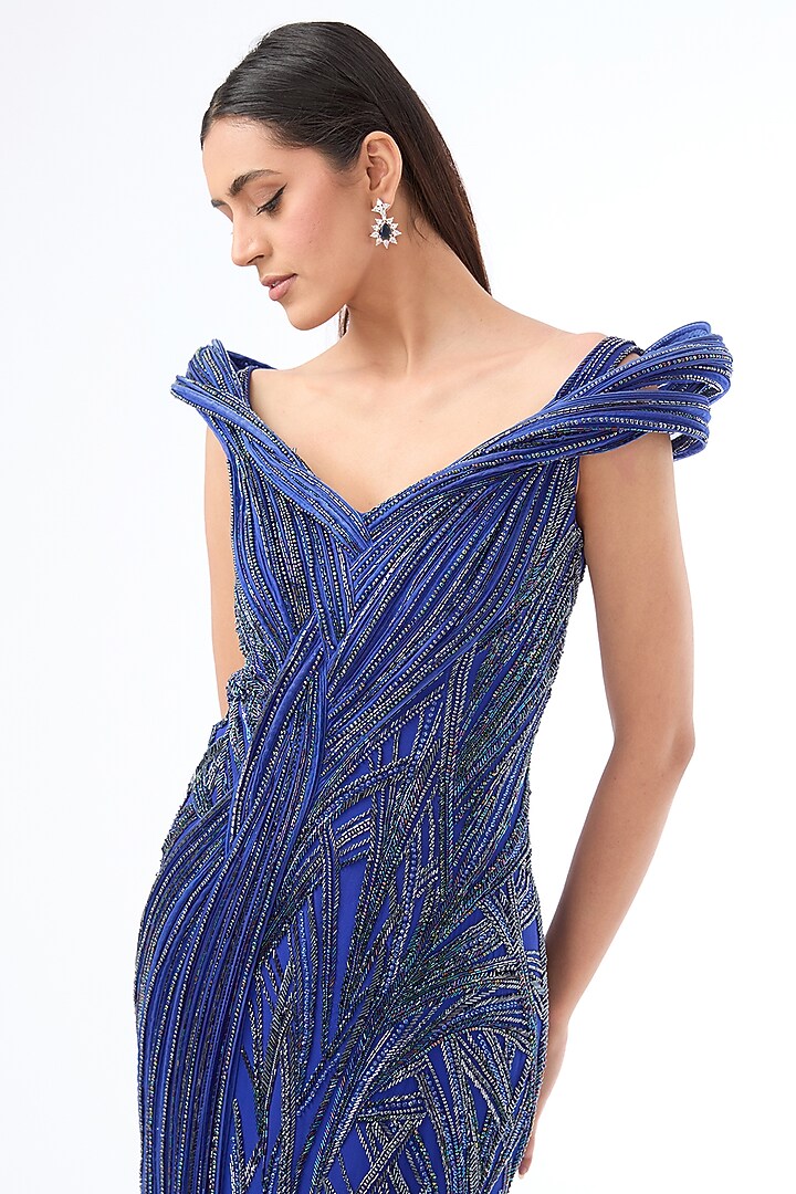 Electric Blue Crepe Bugle Bead Embroidered Bridal Gown by Gaurav Gupta at Pernia's Pop Up Shop