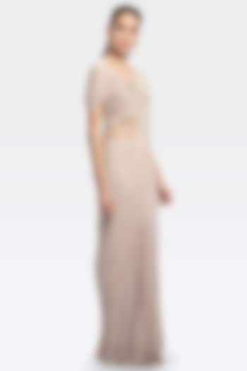 Rosewood Pink Silk Georgette Pearl Embroidered Pre-Stitched Bridal Gown Saree by Gaurav Gupta at Pernia's Pop Up Shop