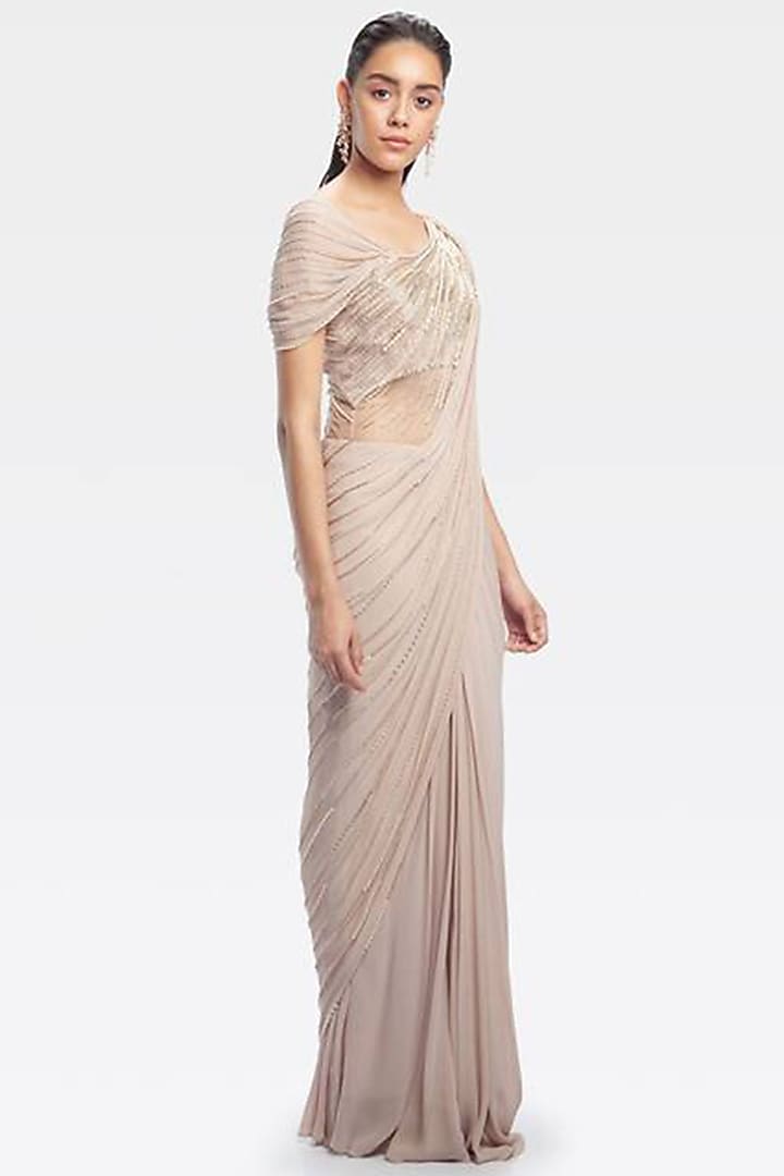 Rosewood Pink Silk Georgette Pearl Embroidered Pre-Stitched Bridal Gown Saree by Gaurav Gupta at Pernia's Pop Up Shop