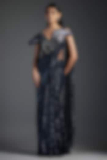 Midnight Blue Sequins Bugle Bead Embroidered Gown Saree by Gaurav Gupta at Pernia's Pop Up Shop