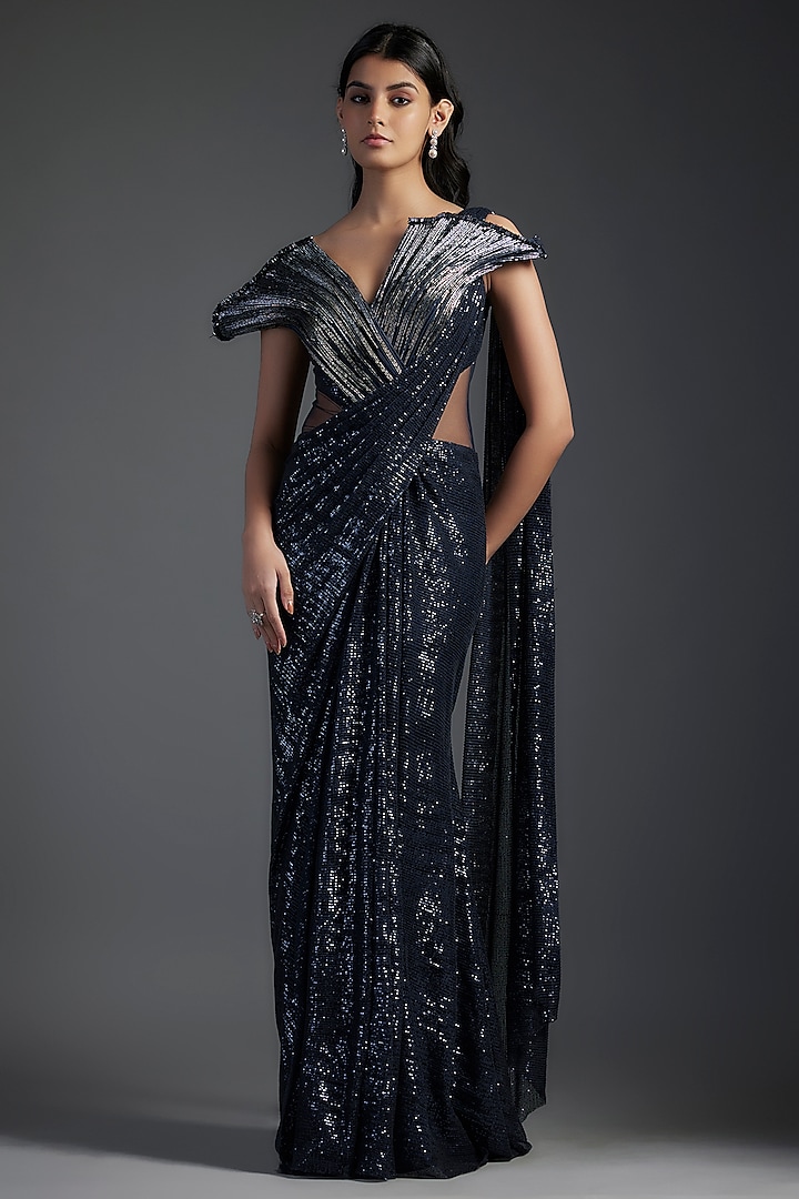 Midnight Blue Sequins Bugle Bead Embroidered Gown Saree by Gaurav Gupta at Pernia's Pop Up Shop