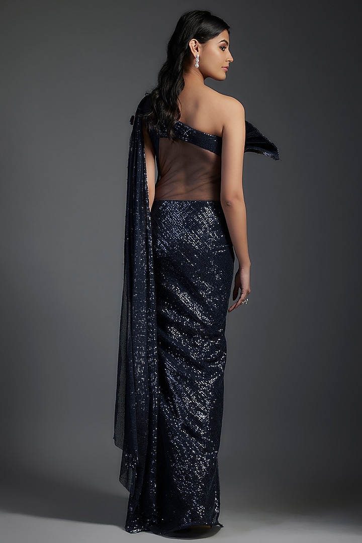 Midnight Blue Sequins Bugle Bead Embroidered Bridal Gown Saree by Gaurav Gupta at Pernia's Pop Up Shop