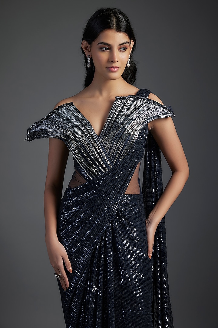 Midnight Blue Sequins Bugle Bead Embroidered Bridal Gown Saree by Gaurav Gupta at Pernia's Pop Up Shop