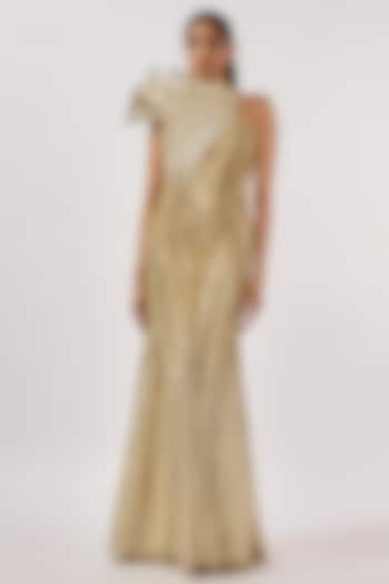 Gold Lame Glass Embroidered Sculpted Gown by Gaurav Gupta
