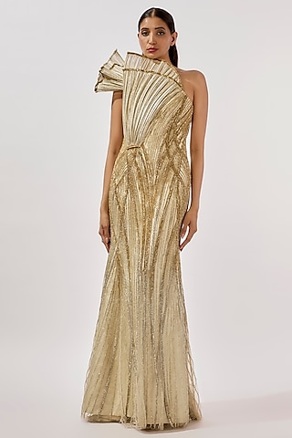 Gold Lame Glass Embroidered Sculpted Gown by Gaurav Gupta