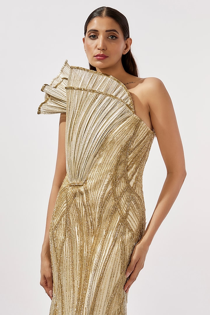 Gold Lame Glass Embroidered Sculpted Bridal Gown by Gaurav Gupta at Pernia's Pop Up Shop