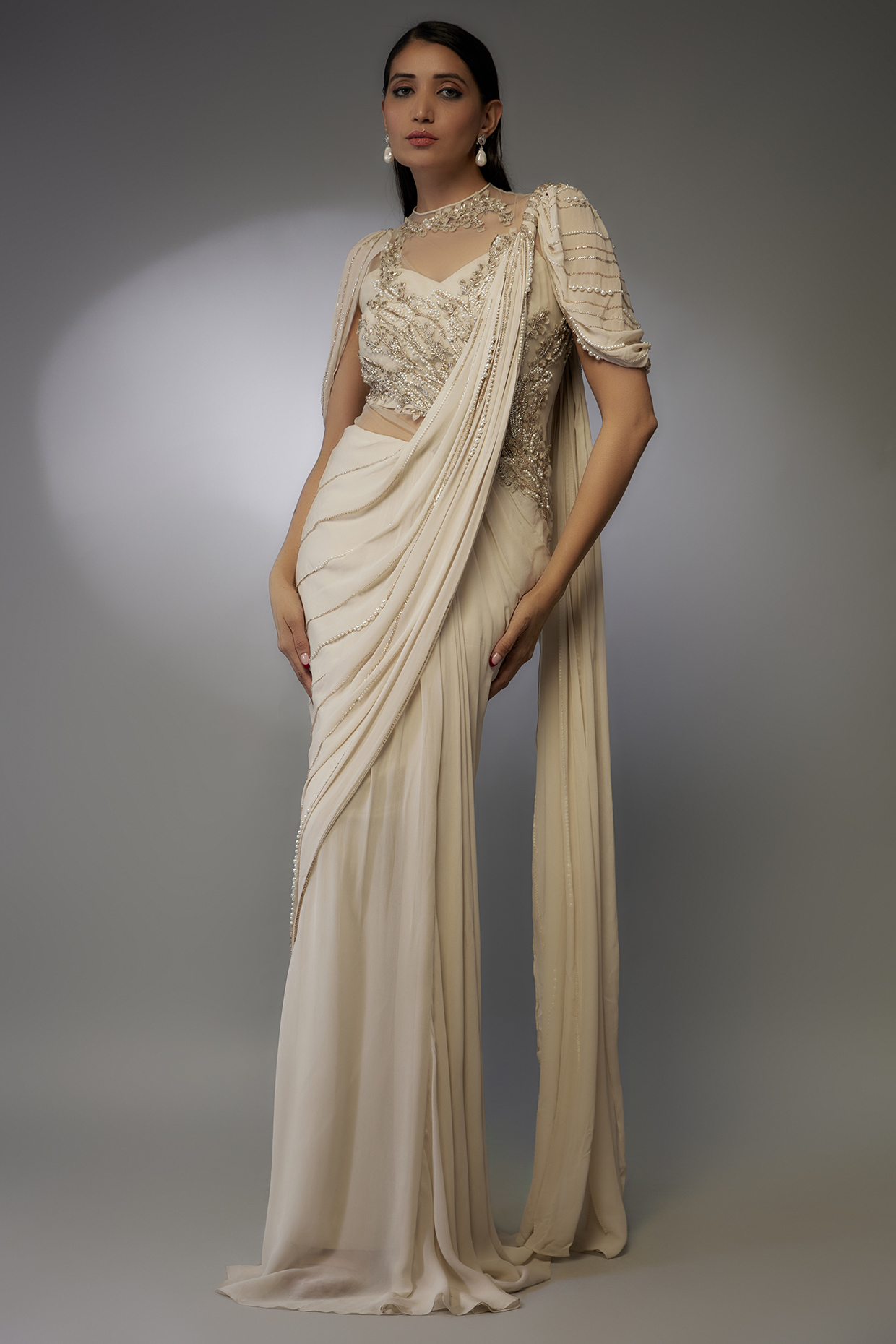 Sage Gold Georgette Machine Embellished Draped Bridal Gown Saree by Gaurav Gupta at Pernia's Pop Up Shop