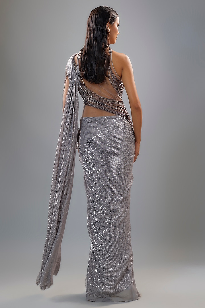 Dusty Silver Sequins Bugle Bead Embroidered Bridal Gown Saree by Gaurav Gupta at Pernia's Pop Up Shop